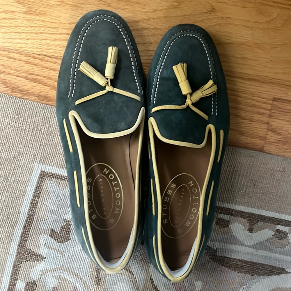 Stubbs & Wootton Dark Green Loafers with Yellow Piping
